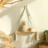 Boho Macrame Rustic Wood Floating Wall Shelf for Home