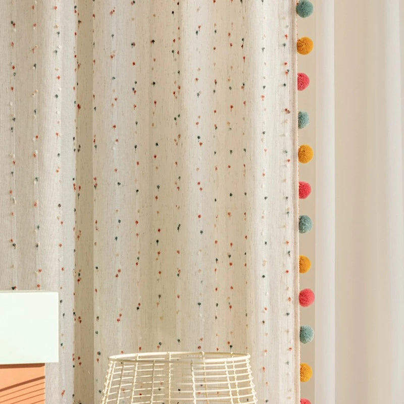 Sheer Embroidered Lace Curtains with Rainbow Pom-Pom Tassels