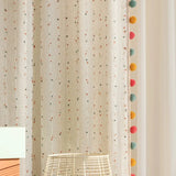 Sheer Embroidered Lace Curtains with Rainbow Pom-Pom Tassels
