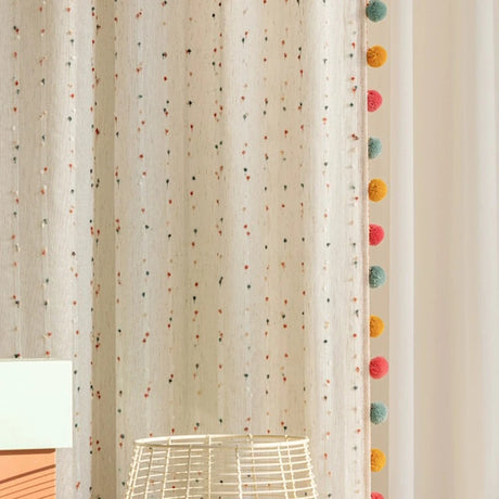 Sheer Embroidered Lace Curtains with Rainbow Pom-Pom Tassels