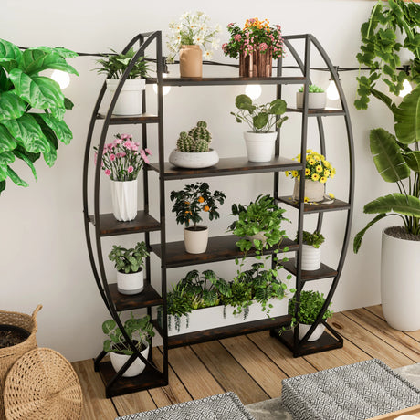 Large 5-Tier Industrial Metal and Wood Plant Stand Shelf
