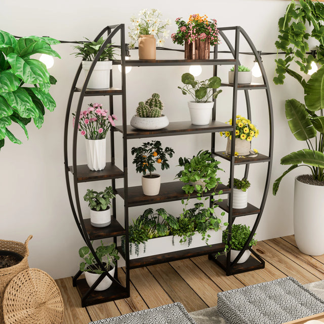 Large 5-Tier Industrial Metal and Wood Plant Stand Shelf