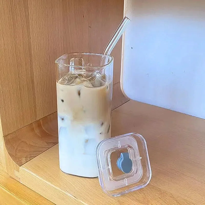 Square Heat-Resistant Borosilicate Glass Cup with Lid and Straw
