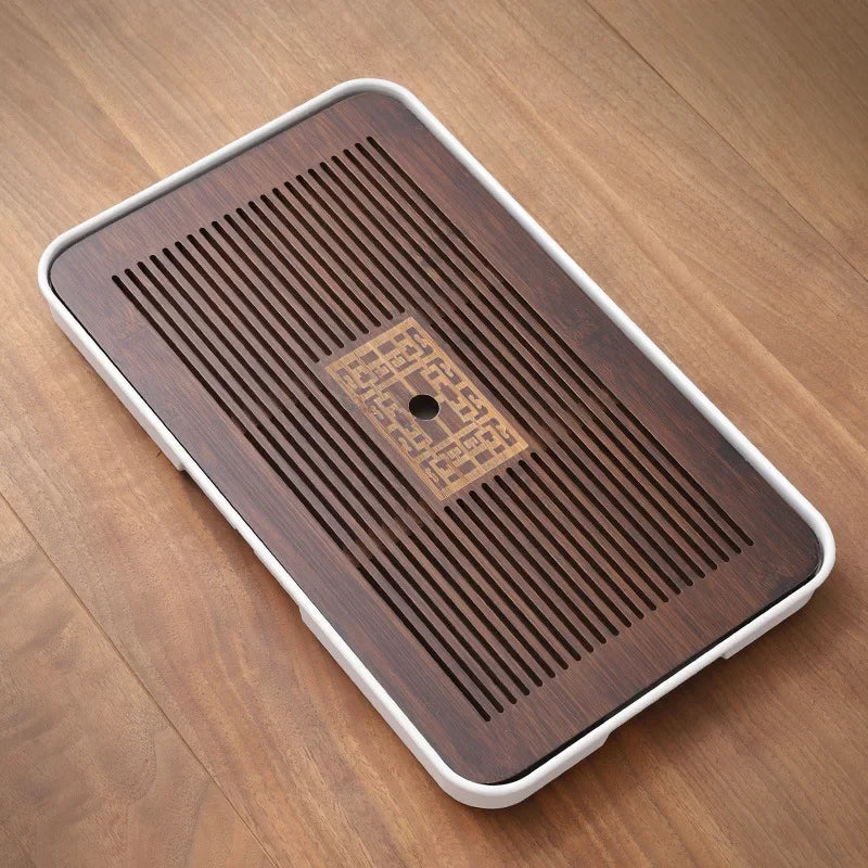 Vintage Chinese Wooden Tea Tray with Drawer Storage and Drainage