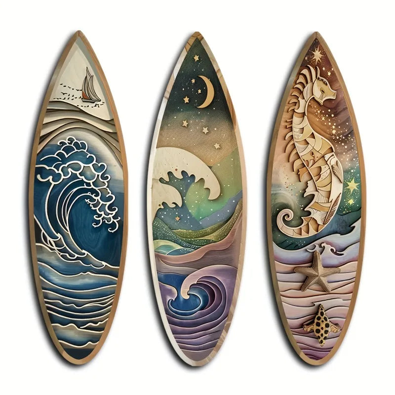 3-Piece Wooden Surfboard Wall Decor Nautical Marlin Wave Art