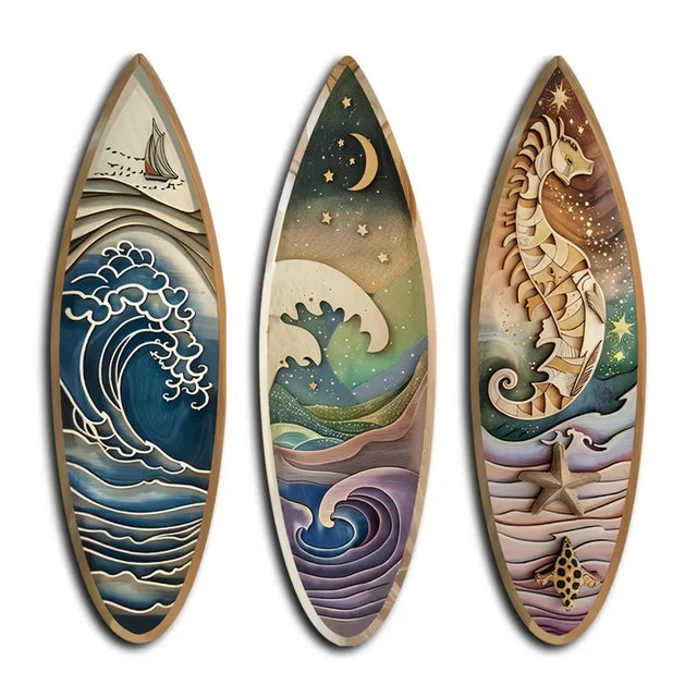 3-Piece Wooden Surfboard Wall Decor Nautical Marlin Wave Art