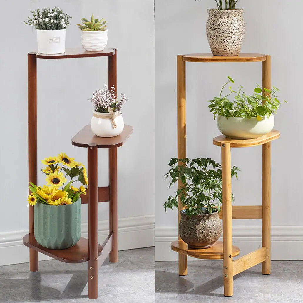 3-Tier Bamboo Corner Plant Stand Space-Saving Indoor Outdoor Display