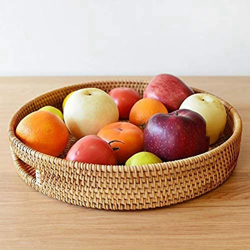 Handwoven Round Rattan Serving Tray with Handles Rustic Natural