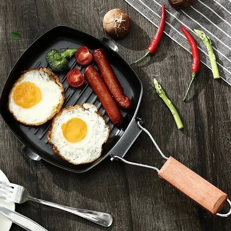 Foldable Portable Carbon Steel Frying Pan with Wooden Handle