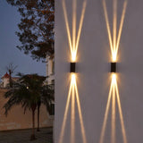 Wall sconces on a white wall by a palm tree casting sharp crossed beams