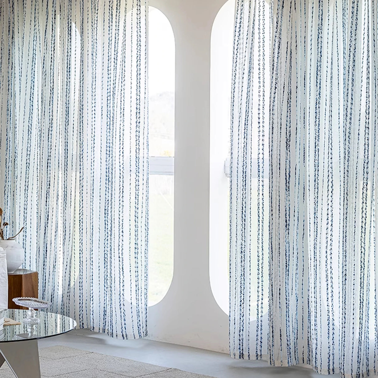 Blue White Stripe Cotton-Look Linen Curtains Semi-Sheer Gauze Panels