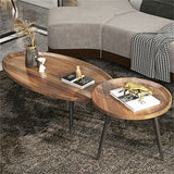 Walnut Oval Irregular Coffee Table Set with Triangle Legs