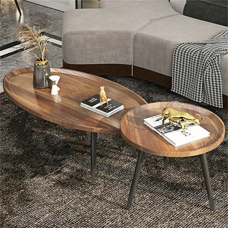 Walnut Oval Irregular Coffee Table Set with Triangle Legs