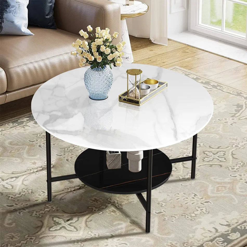 Round Sintered Stone Coffee Table with Two-Tier Black Frame
