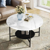 Round Sintered Stone Coffee Table with Two-Tier Black Frame