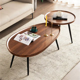 Walnut Oval Irregular Coffee Table Set with Triangle Legs