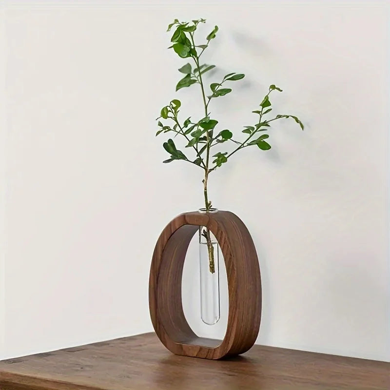 Walnut Solid Wood Mini Hydroponic Glass Vase Decorative Planter
