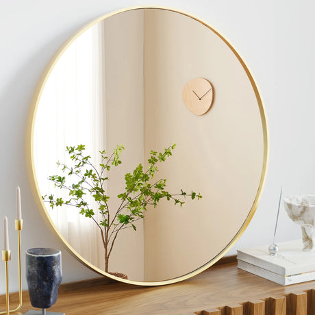 Large Round Gold Vanity Mirror with Tempered Glass Frame