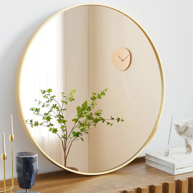 Large Round Gold Vanity Mirror with Tempered Glass Frame
