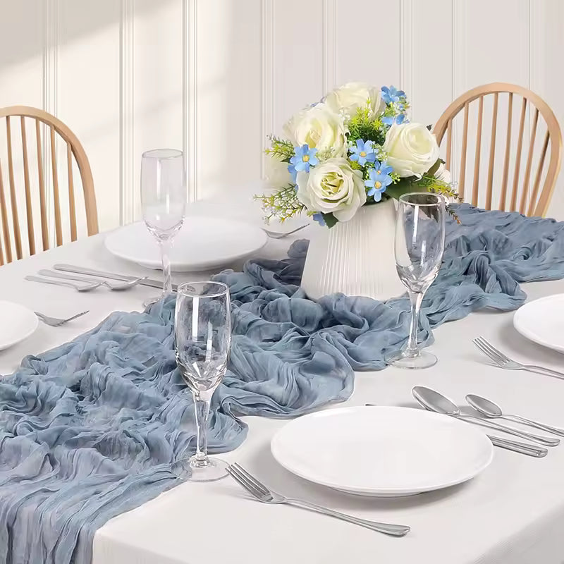 Cheesecloth Table Runner Dusty Blue Boho Style for Baby Shower Decor