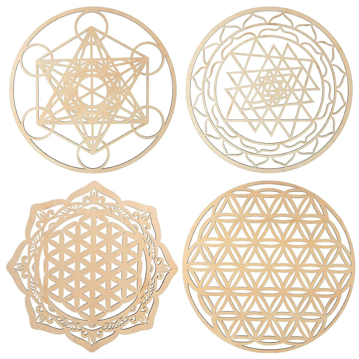 4-Piece 12in Sacred Geometry Wooden Crystal Grid Wall Art Set