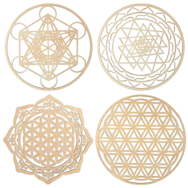 4-Piece 12in Sacred Geometry Wooden Crystal Grid Wall Art Set