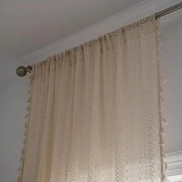 Boho Tassel Crochet Sheer Curtains Cotton Lace Rod-Pocket Panel