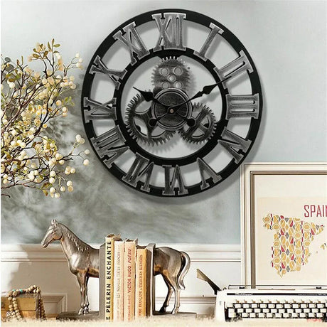Vintage Industrial Gear Wall Clock Bamboo Wood 40cm Silent Quartz