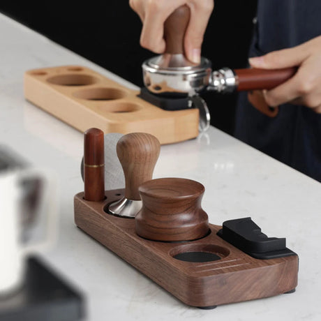 Premium Walnut Coffee Tamper Mat Stand with Multi‑Size Portafilter Holder