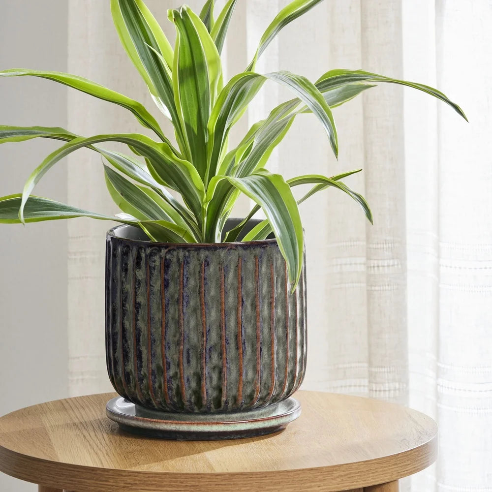 8-Inch Ceramic Planter with Saucer Drainage Holes Modern Taupe