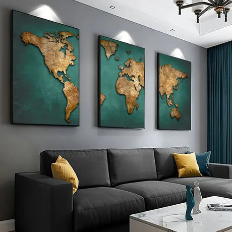 Retro World Map 3-Piece Canvas Wall Art Vintage Travel Decor