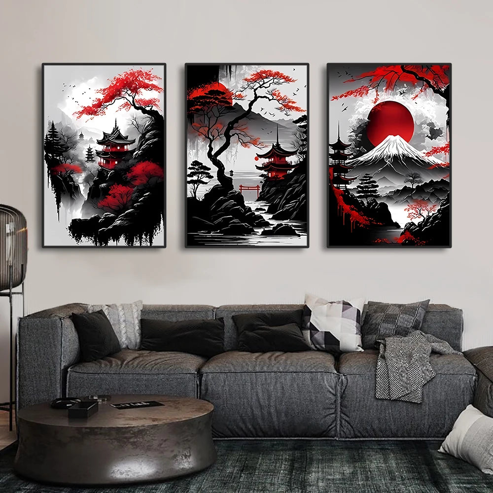 3-Piece Vintage Japanese Landscape Canvas Wall Art Set, Oriental Prints