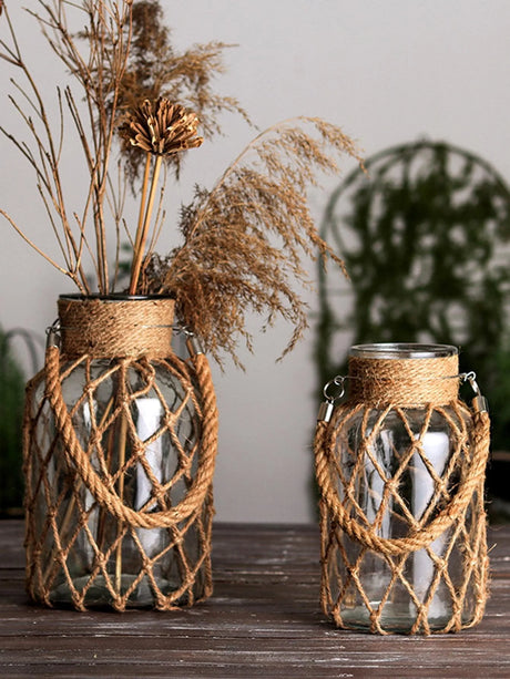 Hand-Woven Hemp Rope Glass Vase for Dry Flowers Boho Nordic