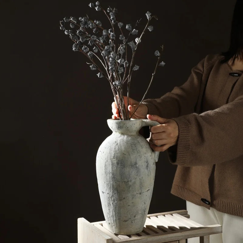 Handmade Distressed Ceramic Vase Rustic Farmhouse Crackle Glaze Centerpiece