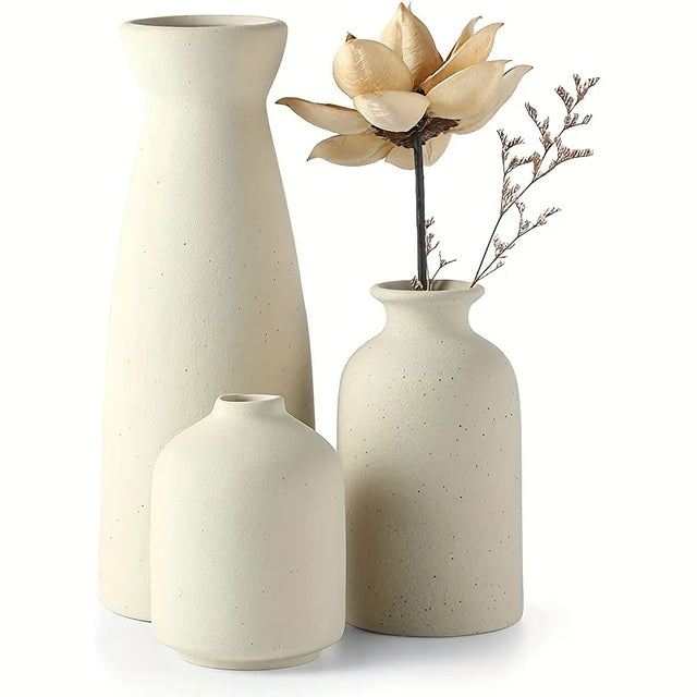 Set of 3 Ceramic Vases Rustic Modern Farmhouse Shelf Decor