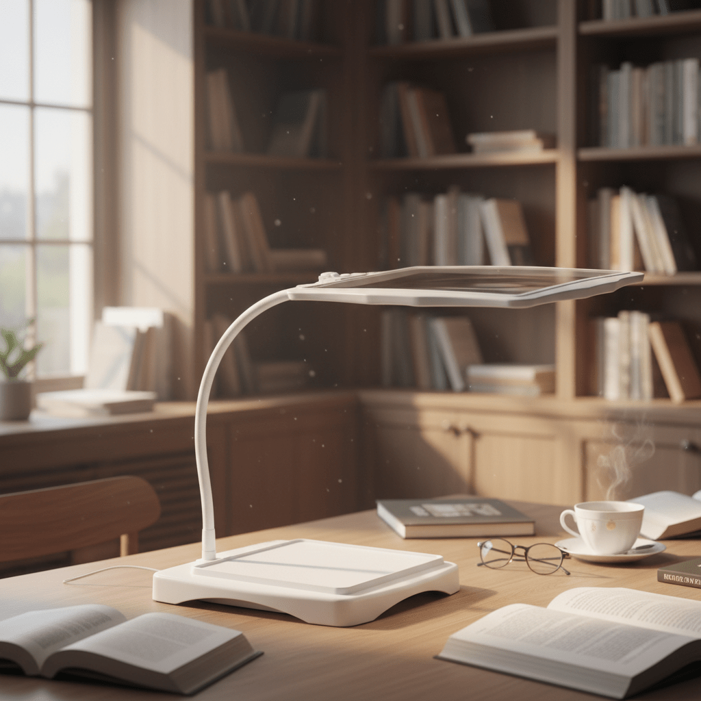 Desk magnifier lamp positioned over close detail work on a table