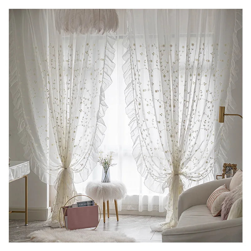White Embroidered Floral Tulle Sheer Curtains Linen Ruffle Design