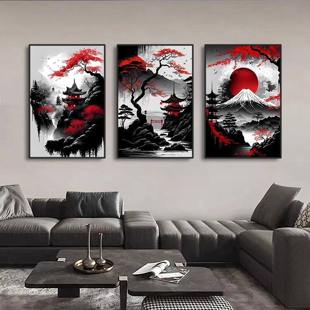 3-Piece Vintage Japanese Landscape Canvas Wall Art Set, Oriental Prints
