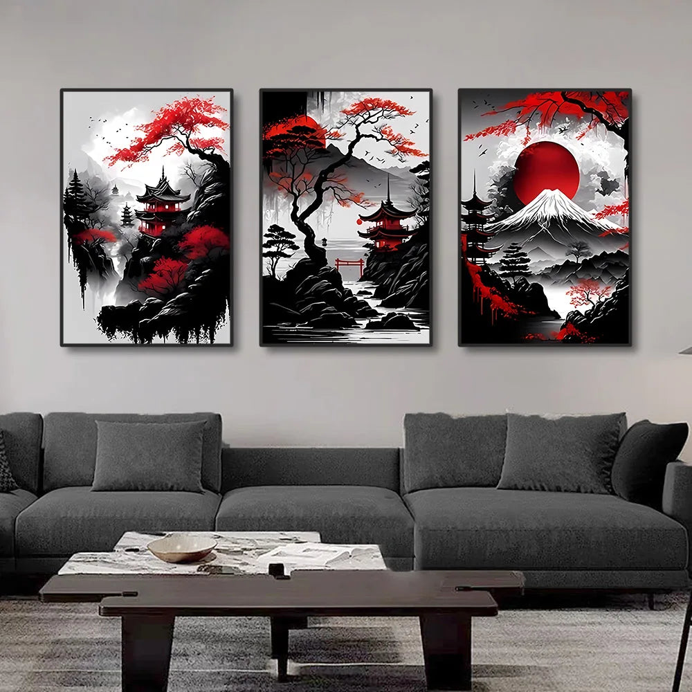 3-Piece Vintage Japanese Landscape Canvas Wall Art Set, Oriental Prints