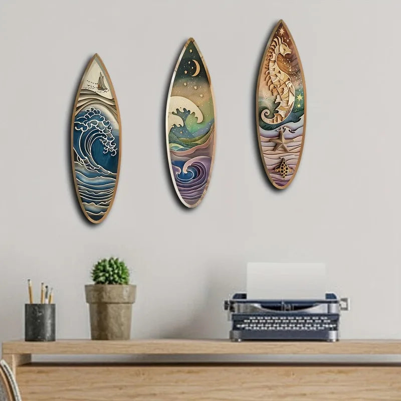 3-Piece Wooden Surfboard Wall Decor Nautical Marlin Wave Art