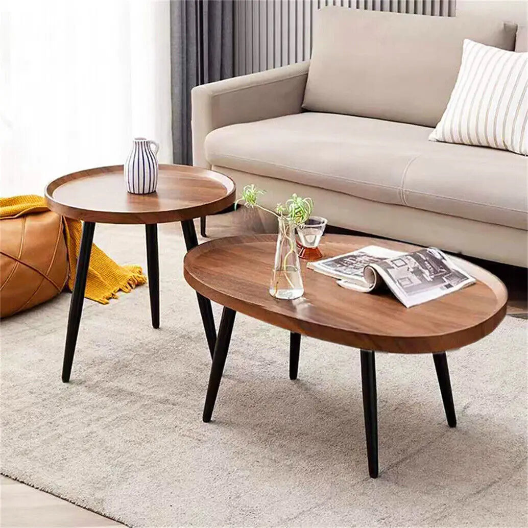 Walnut Oval Irregular Coffee Table Set with Triangle Legs