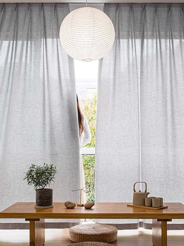 Grey Linen-Feel Semi-Sheer Voile Curtains 100% Polyester Rod-Pocket Panels
