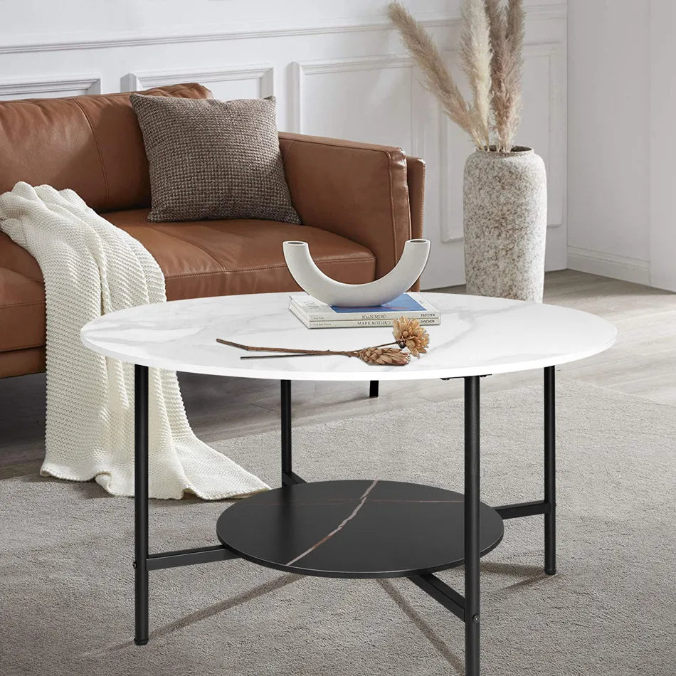Round Sintered Stone Coffee Table with Two-Tier Black Frame