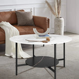 Round Sintered Stone Coffee Table with Two-Tier Black Frame