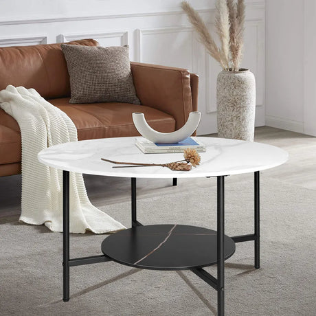 Round Sintered Stone Coffee Table with Two-Tier Black Frame