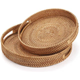 Handwoven Round Rattan Serving Tray with Handles Rustic Natural