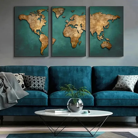 Retro World Map 3-Piece Canvas Wall Art Vintage Travel Decor