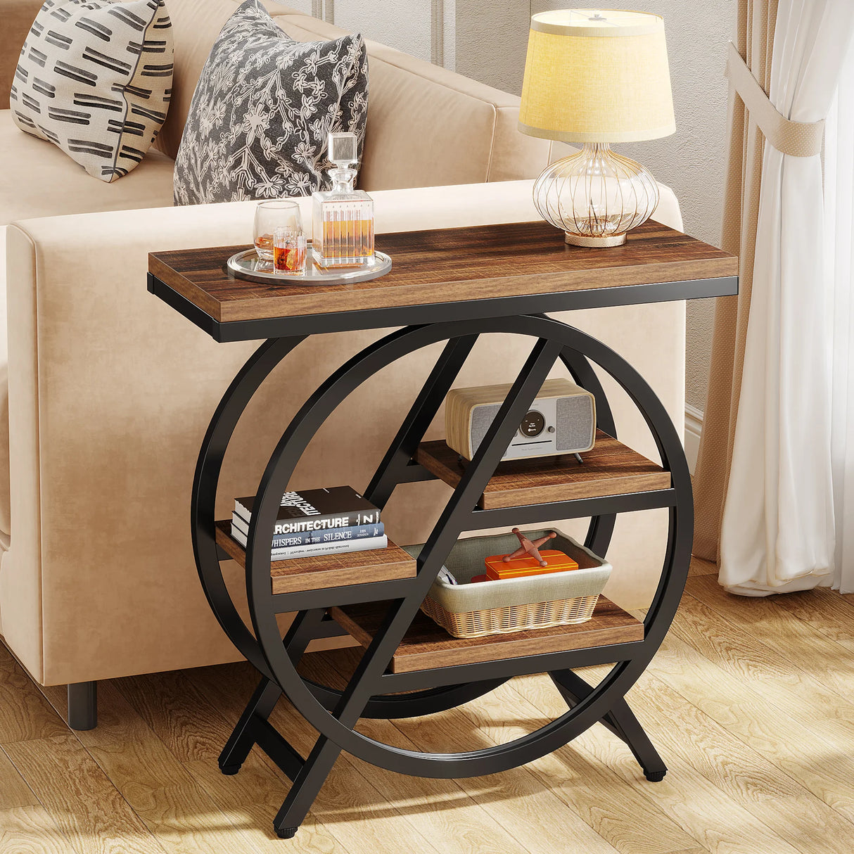 Tribesigns 3-Tier Rustic Brown Side Table with Geometric Metal Frame