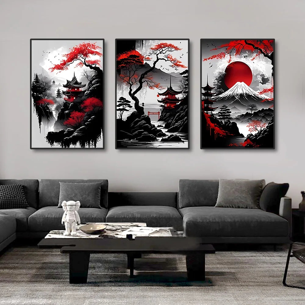 3-Piece Vintage Japanese Landscape Canvas Wall Art Set, Oriental Prints
