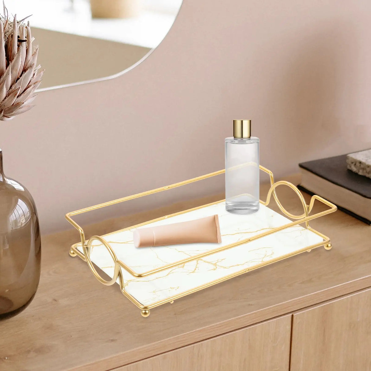 Glass Vanity Tray with Iron Frame Countertop Makeup Organizer